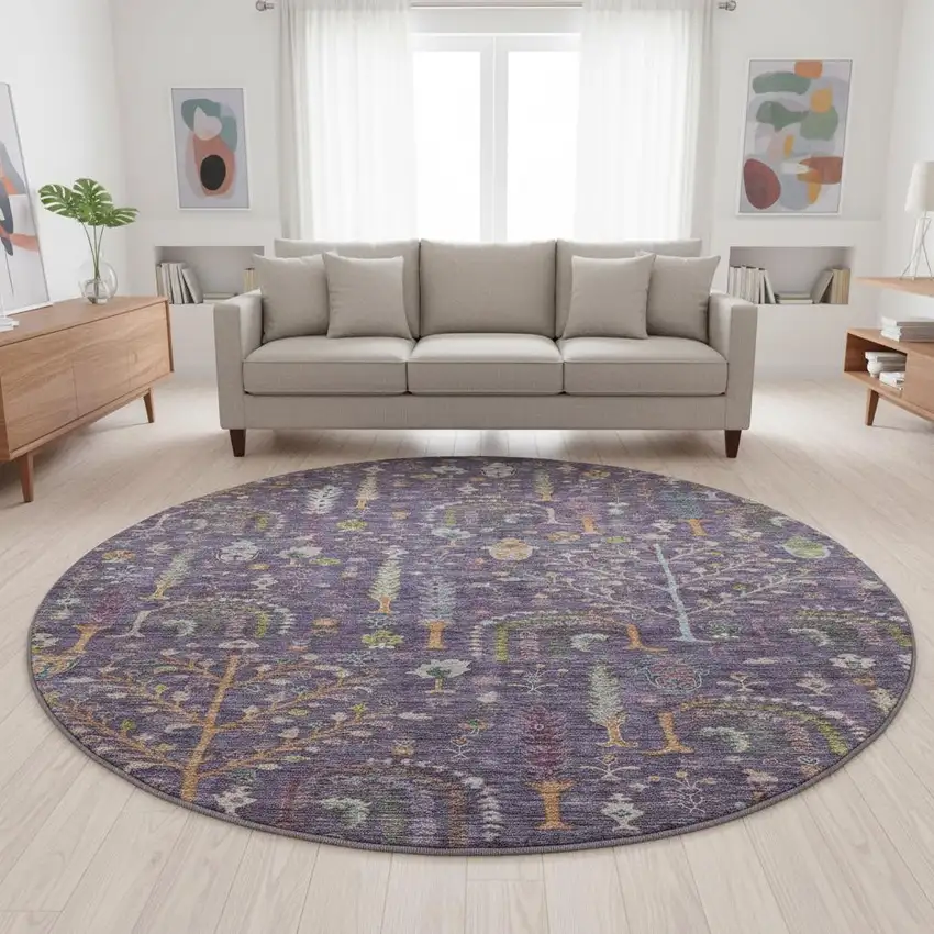 8' Eggplant Orange And Green Floral Washable Round Rug With UV Protection Photo 2