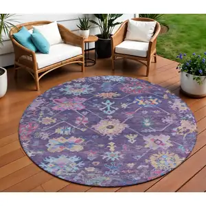 Photo of 8' Eggplant Pink And Gold Round Floral Washable Indoor Outdoor Area Rug
