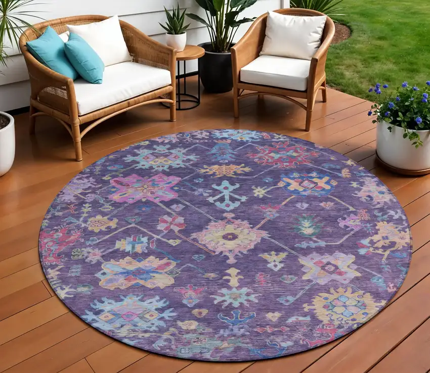 8' Eggplant Pink And Gold Round Floral Washable Indoor Outdoor Area Rug Photo 1