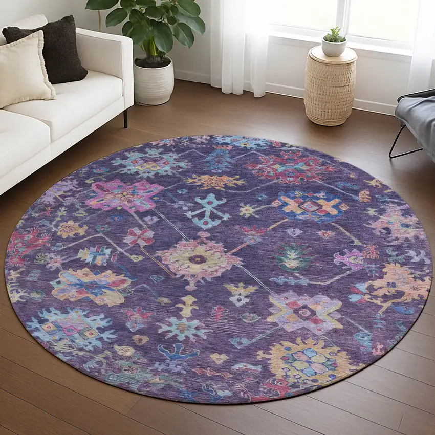 8' Eggplant Pink And Gold Round Floral Washable Indoor Outdoor Area Rug Photo 8