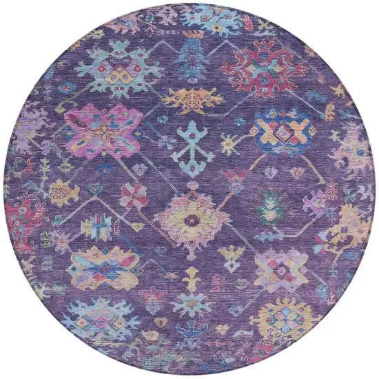8' Eggplant Pink And Gold Round Floral Washable Indoor Outdoor Area Rug Photo 4
