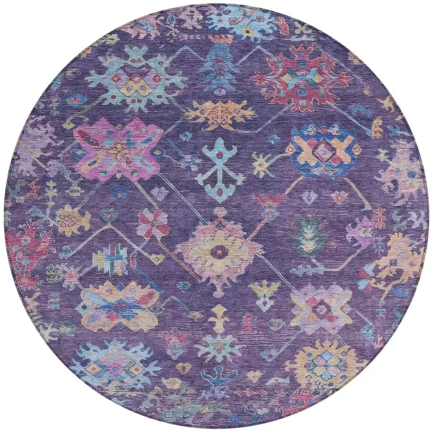 8' Eggplant Pink And Gold Round Floral Washable Indoor Outdoor Area Rug Photo 4