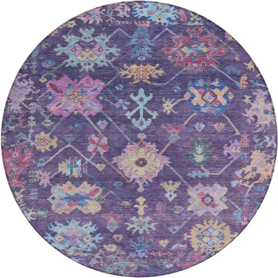 8' Eggplant Pink And Gold Round Floral Washable Indoor Outdoor Area Rug Photo 2