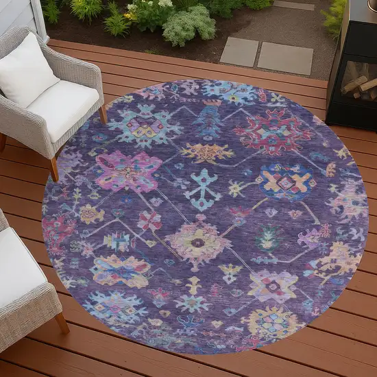 8' Eggplant Pink And Gold Round Floral Washable Indoor Outdoor Area Rug Photo 7