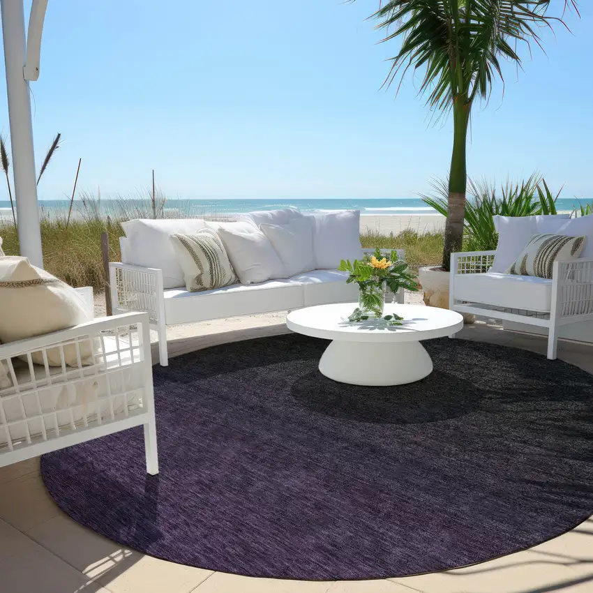 8' Eggplant Purple And Charcoal Round Abstract Washable Indoor Outdoor Area Rug Photo 6
