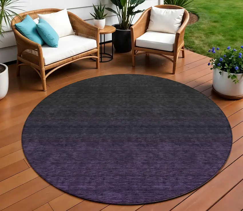 8' Eggplant Purple And Charcoal Round Abstract Washable Indoor Outdoor Area Rug Photo 1
