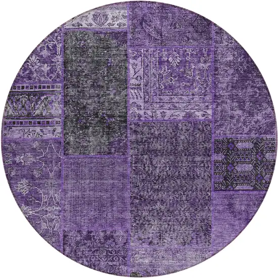 8' Eggplant Purple And Charcoal Round Patchwork Washable Indoor Outdoor Area Rug Photo 2