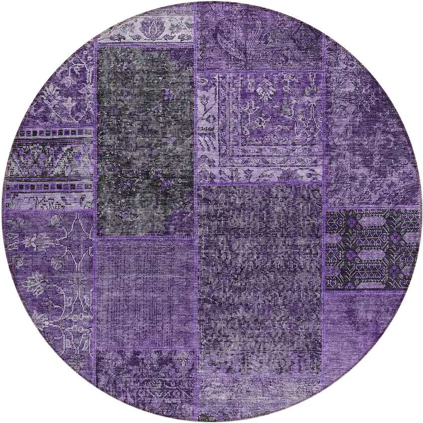 8' Eggplant Purple And Charcoal Round Patchwork Washable Indoor Outdoor Area Rug Photo 2