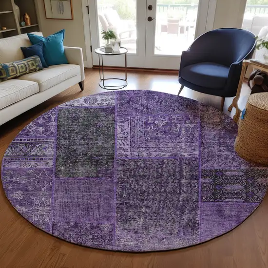 8' Eggplant Purple And Charcoal Round Patchwork Washable Indoor Outdoor Area Rug Photo 7