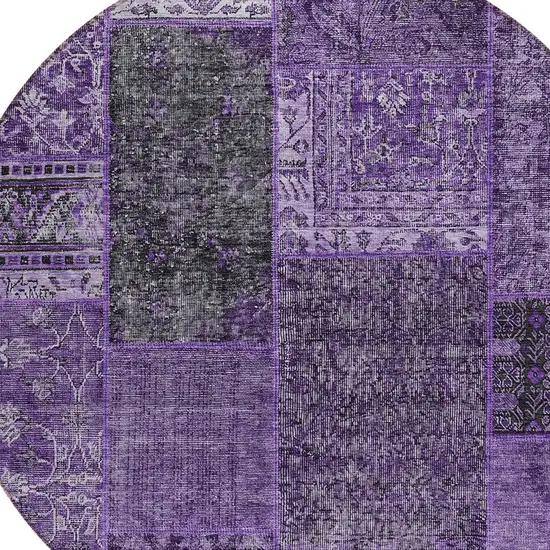 8' Eggplant Purple And Charcoal Round Patchwork Washable Indoor Outdoor Area Rug Photo 4
