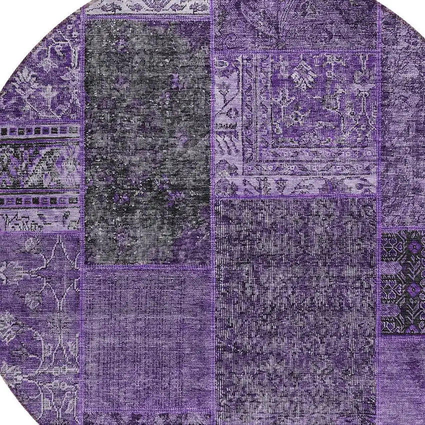 8' Eggplant Purple And Charcoal Round Patchwork Washable Indoor Outdoor Area Rug Photo 4