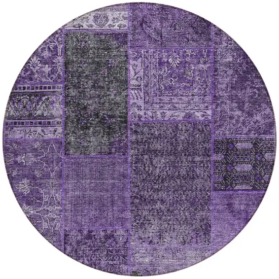 8' Eggplant Purple And Charcoal Round Patchwork Washable Indoor Outdoor Area Rug Photo 5