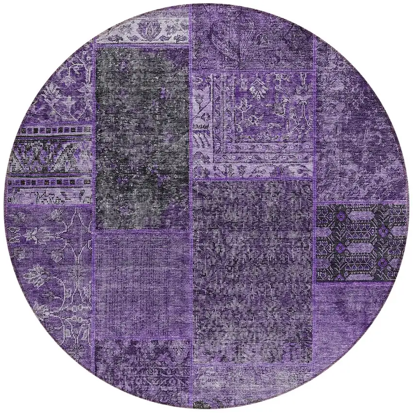 8' Eggplant Purple And Charcoal Round Patchwork Washable Indoor Outdoor Area Rug Photo 5