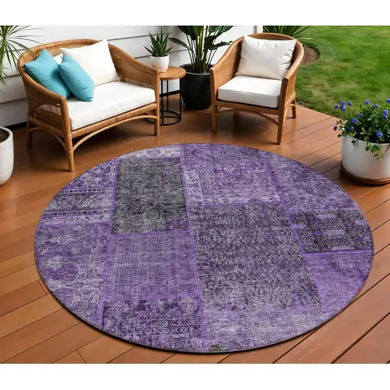 8' Eggplant Purple And Charcoal Round Patchwork Washable Indoor Outdoor Area Rug Photo 1