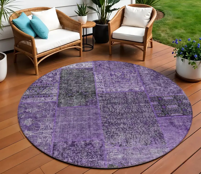 8' Eggplant Purple And Charcoal Round Patchwork Washable Indoor Outdoor Area Rug Photo 1