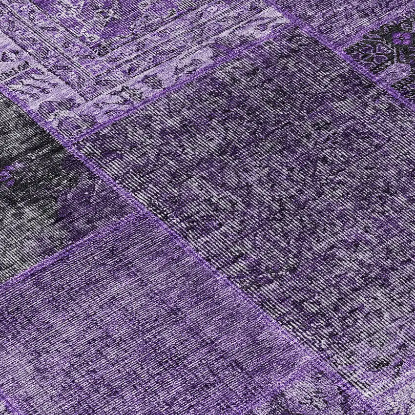 8' Eggplant Purple And Charcoal Round Patchwork Washable Indoor Outdoor Area Rug Photo 8