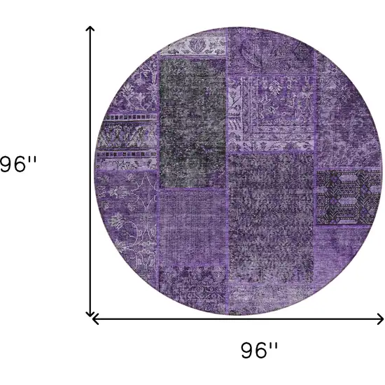 8' Eggplant Purple And Charcoal Round Patchwork Washable Indoor Outdoor Area Rug Photo 3