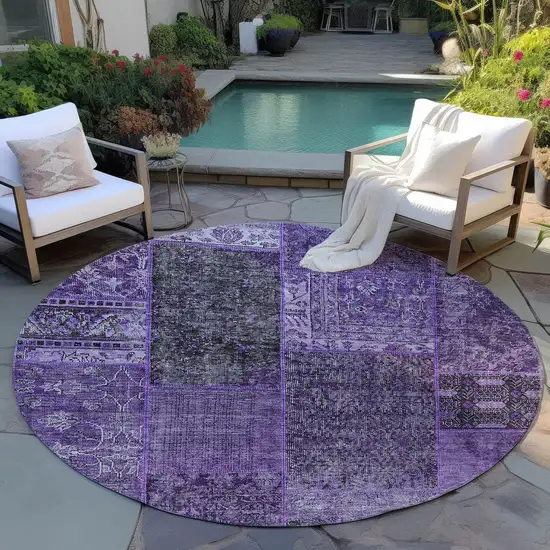 8' Eggplant Purple And Charcoal Round Patchwork Washable Indoor Outdoor Area Rug Photo 6