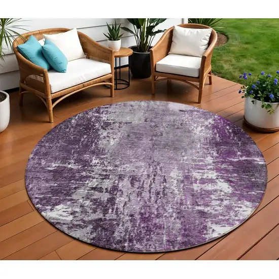 8' Eggplant Purple And Lavender Round Abstract Washable Indoor Outdoor Area Rug Photo 1