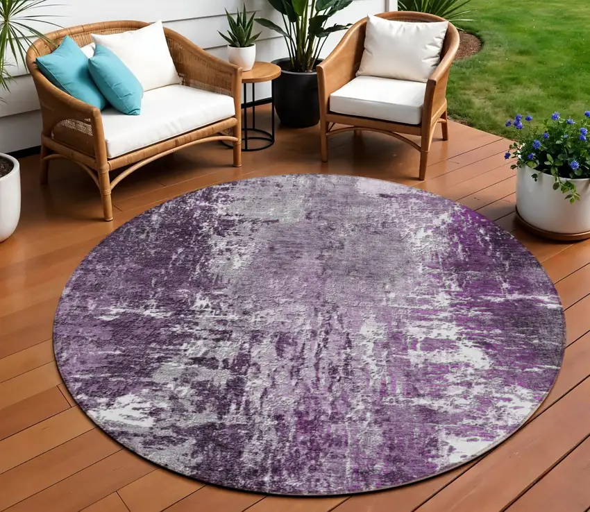 8' Eggplant Purple And Lavender Round Abstract Washable Indoor Outdoor Area Rug Photo 1
