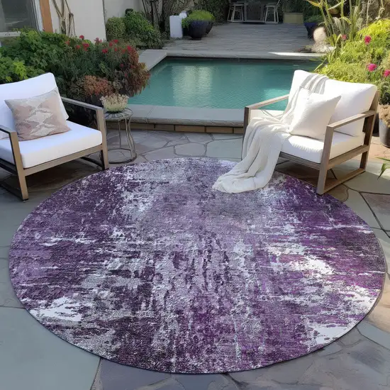 8' Eggplant Purple And Lavender Round Abstract Washable Indoor Outdoor Area Rug Photo 6