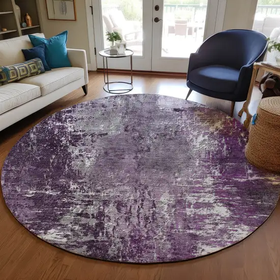 8' Eggplant Purple And Lavender Round Abstract Washable Indoor Outdoor Area Rug Photo 7