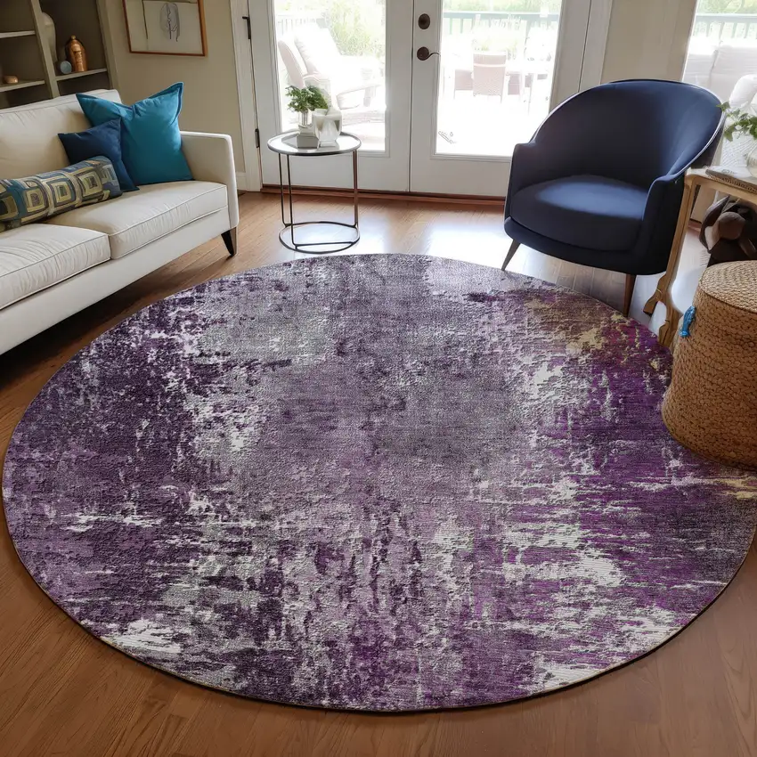 8' Eggplant Purple And Lavender Round Abstract Washable Indoor Outdoor Area Rug Photo 7