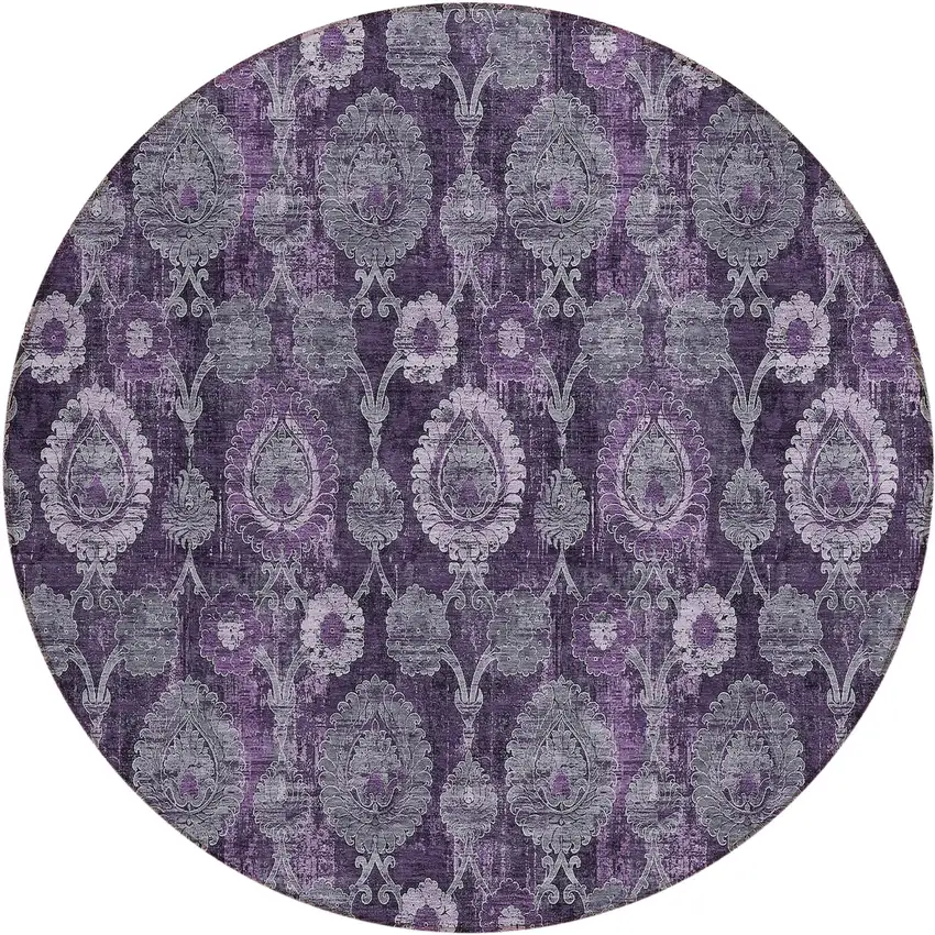 8' Eggplant Purple And Lavender Round Damask Washable Indoor Outdoor Area Rug Photo 2