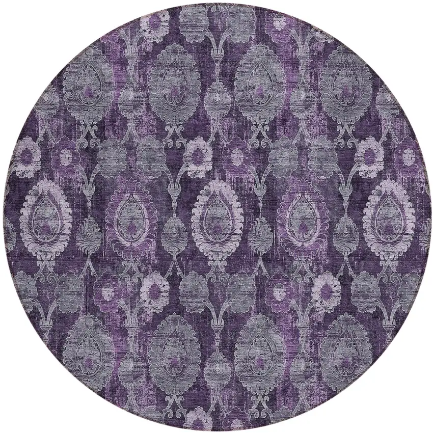 8' Eggplant Purple And Lavender Round Damask Washable Indoor Outdoor Area Rug Photo 2