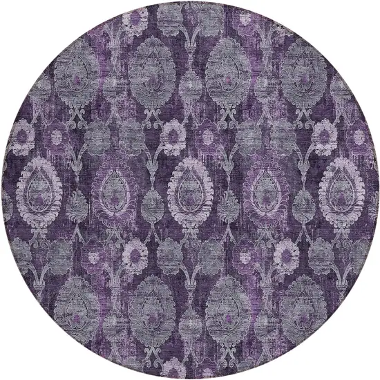 8' Eggplant Purple And Lavender Round Damask Washable Indoor Outdoor Area Rug Photo 2