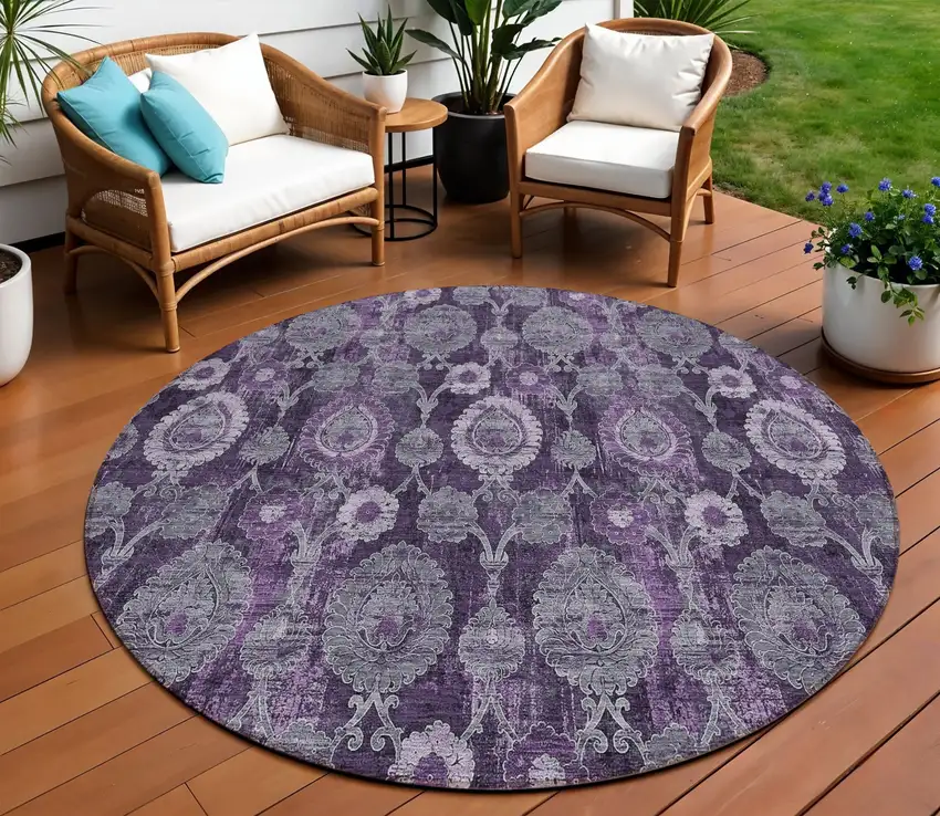 8' Eggplant Purple And Lavender Round Damask Washable Indoor Outdoor Area Rug Photo 1