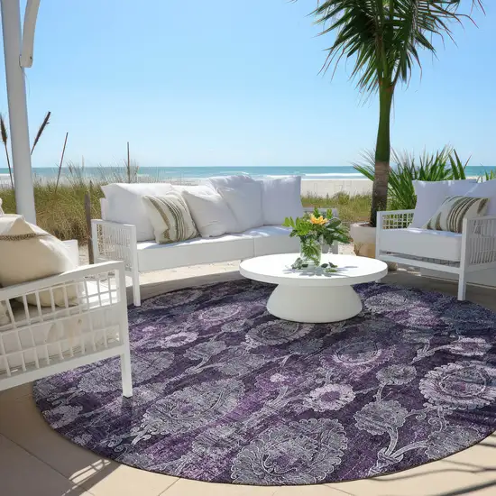 8' Eggplant Purple And Lavender Round Damask Washable Indoor Outdoor Area Rug Photo 6