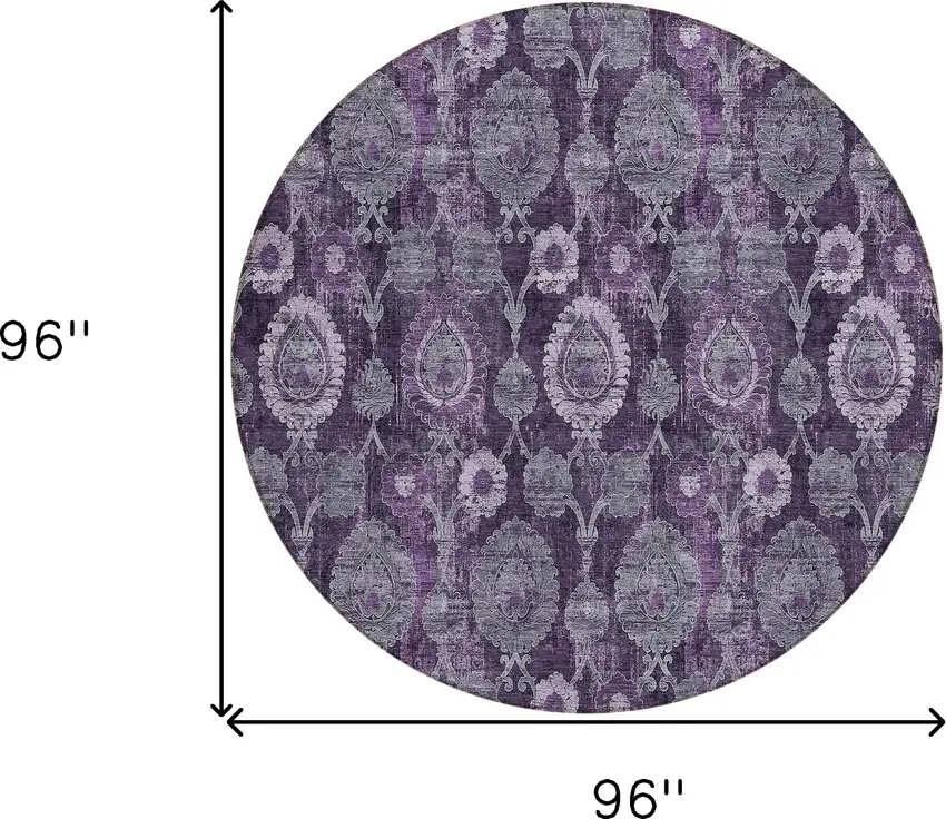 8' Eggplant Purple And Lavender Round Damask Washable Indoor Outdoor Area Rug Photo 3