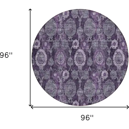 8' Eggplant Purple And Lavender Round Damask Washable Indoor Outdoor Area Rug Photo 3