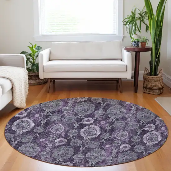 8' Eggplant Purple And Lavender Round Damask Washable Indoor Outdoor Area Rug Photo 7