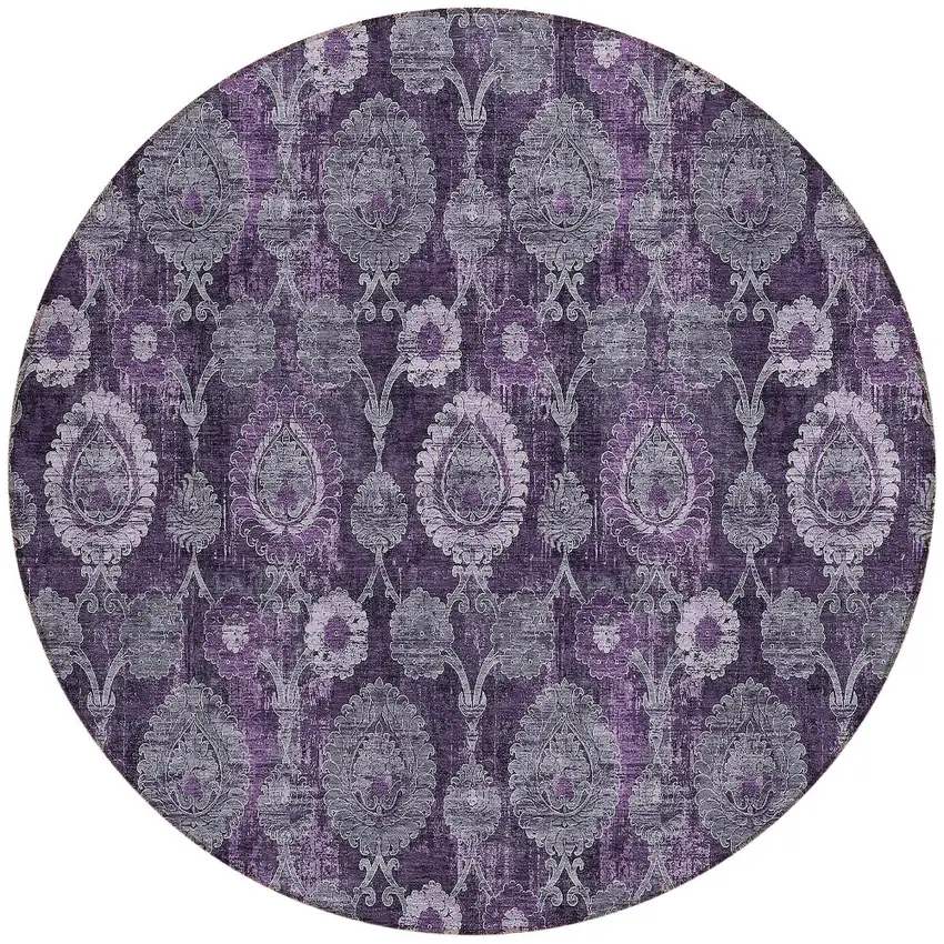 8' Eggplant Purple And Lavender Round Damask Washable Indoor Outdoor Area Rug Photo 5