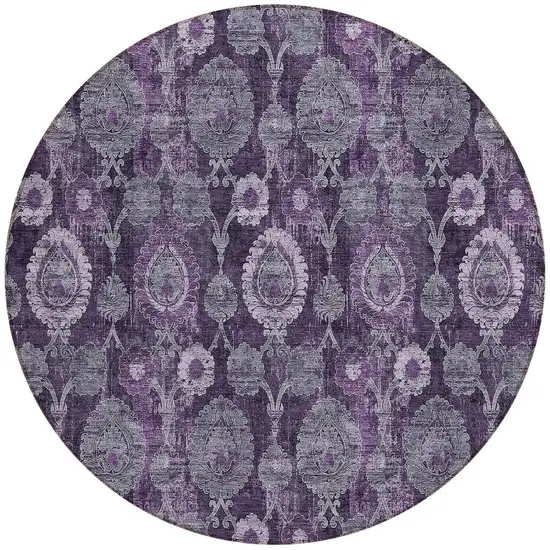 8' Eggplant Purple And Lavender Round Damask Washable Indoor Outdoor Area Rug Photo 5