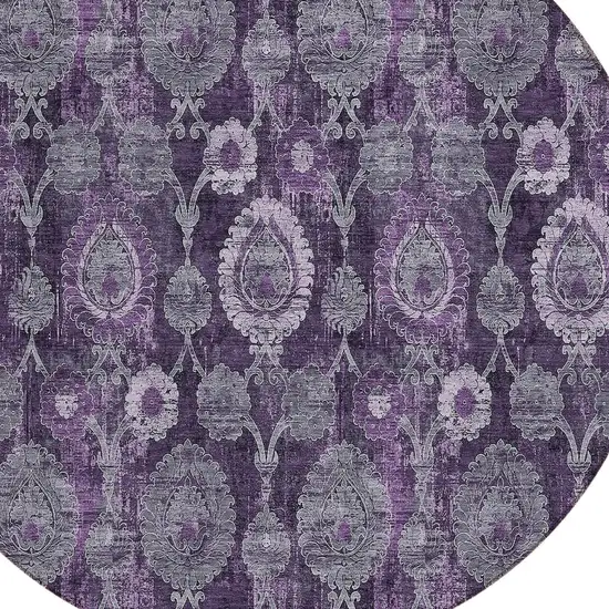 8' Eggplant Purple And Lavender Round Damask Washable Indoor Outdoor Area Rug Photo 4