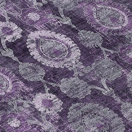 8' Eggplant Purple And Lavender Round Damask Washable Indoor Outdoor Area Rug Photo 8