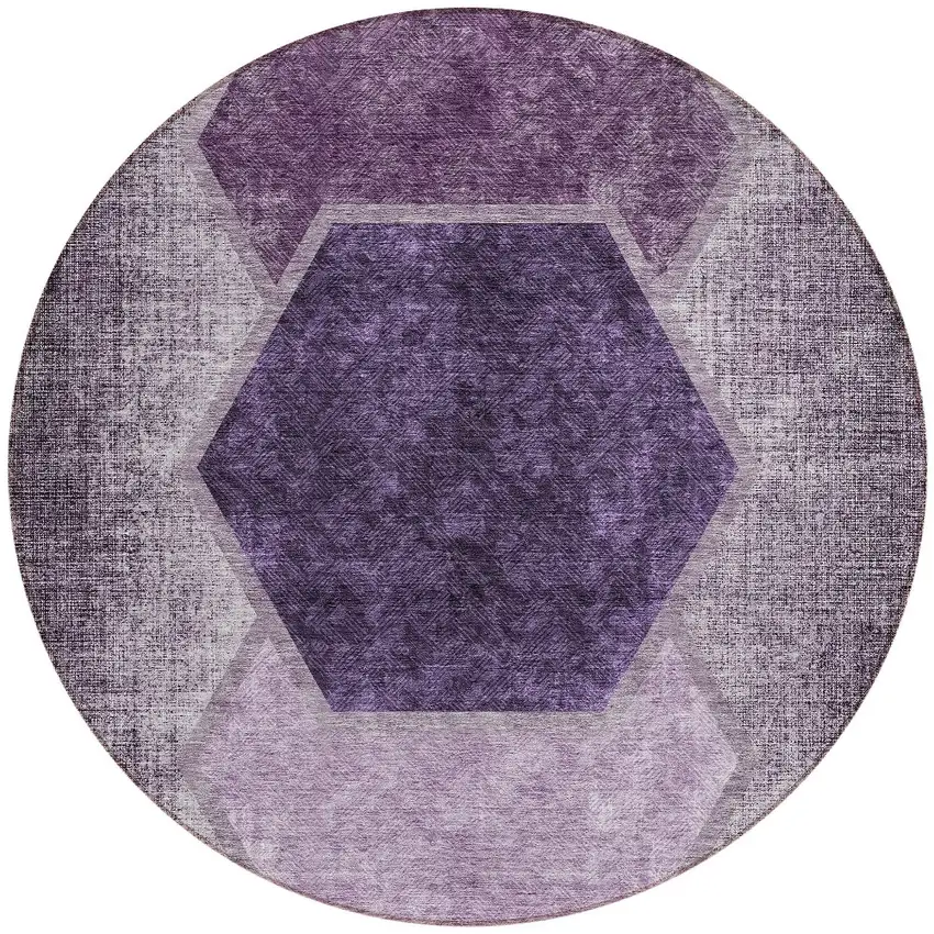 8' Eggplant Purple And Lavender Round Geometric Washable Indoor Outdoor Area Rug Photo 5
