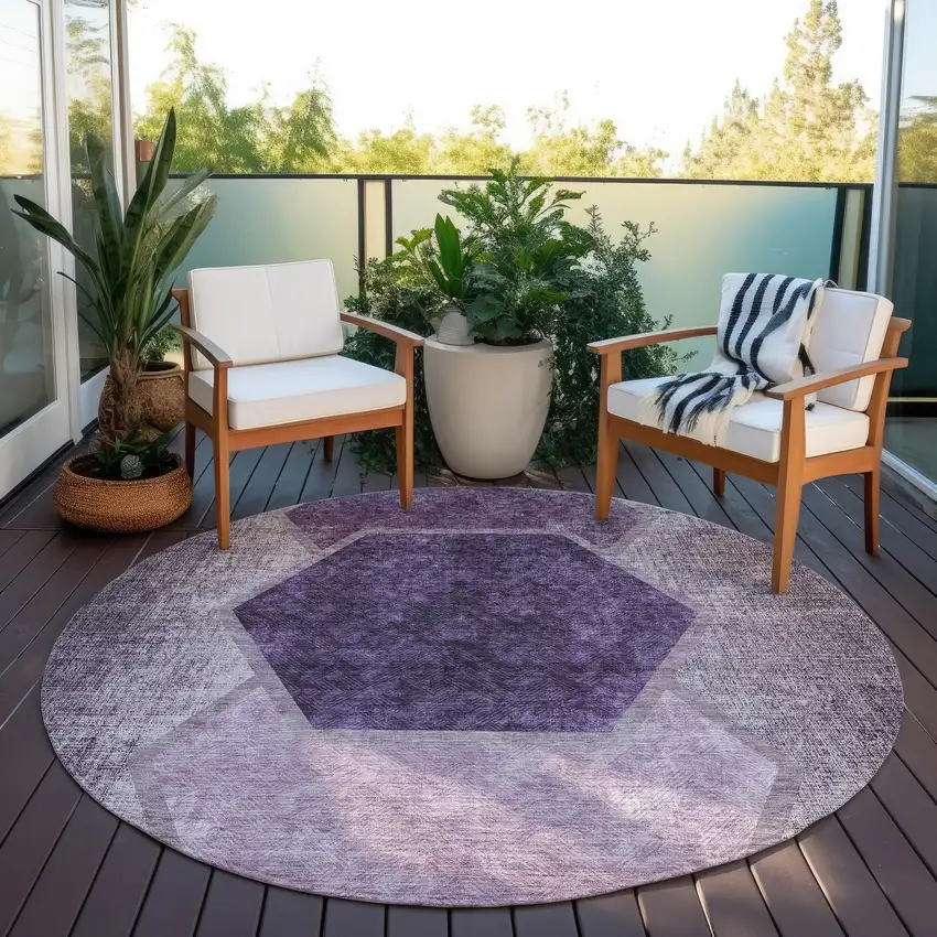 8' Eggplant Purple And Lavender Round Geometric Washable Indoor Outdoor Area Rug Photo 6