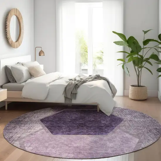 8' Eggplant Purple And Lavender Round Geometric Washable Indoor Outdoor Area Rug Photo 7