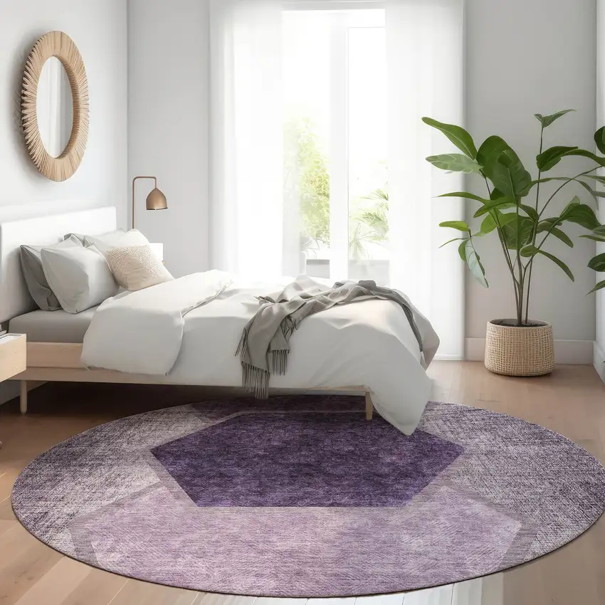 8' Eggplant Purple And Lavender Round Geometric Washable Indoor Outdoor Area Rug Photo 7