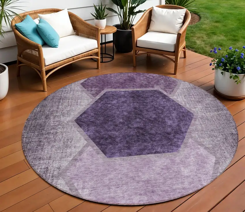 8' Eggplant Purple And Lavender Round Geometric Washable Indoor Outdoor Area Rug Photo 1