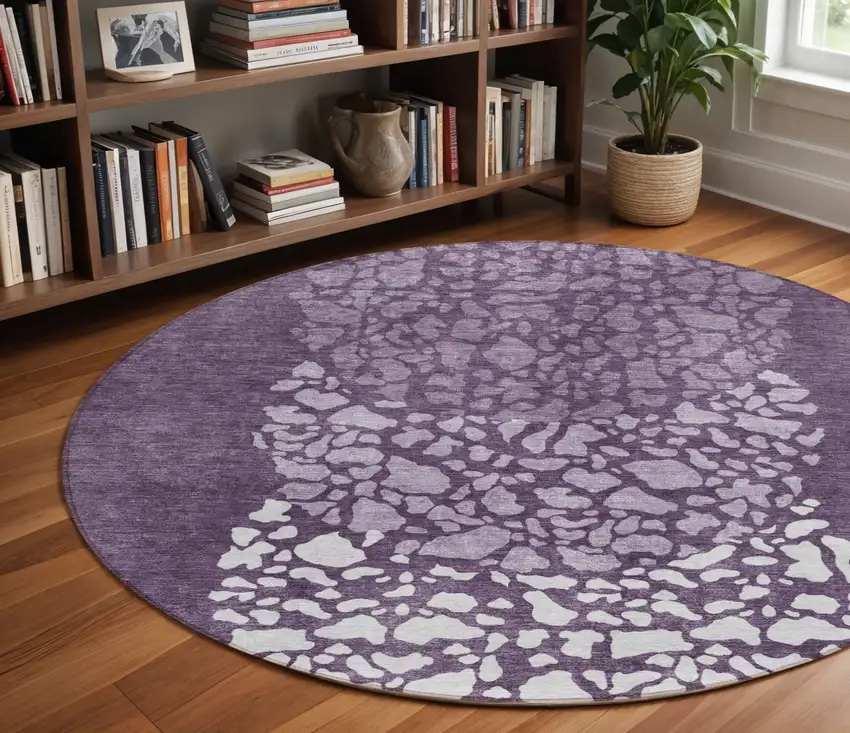 8' Eggplant Purple And Lilac Round Abstract Washable Indoor Outdoor Area Rug Photo 9