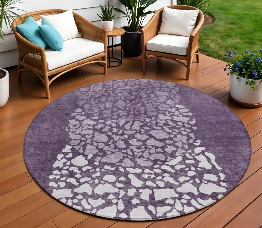 8' Eggplant Purple And Lilac Round Abstract Washable Indoor Outdoor Area Rug Photo 1