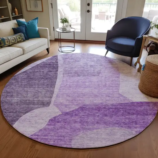 8' Eggplant Purple And Lilac Round Abstract Washable Indoor Outdoor Area Rug Photo 7