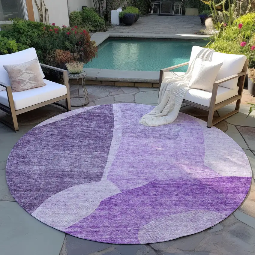 8' Eggplant Purple And Lilac Round Abstract Washable Indoor Outdoor Area Rug Photo 6