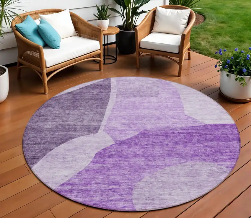 8' Eggplant Purple And Lilac Round Abstract Washable Indoor Outdoor Area Rug Photo 1
