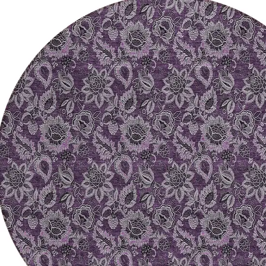 8' Eggplant Purple And Lilac Round Floral Washable Indoor Outdoor Area Rug Photo 4